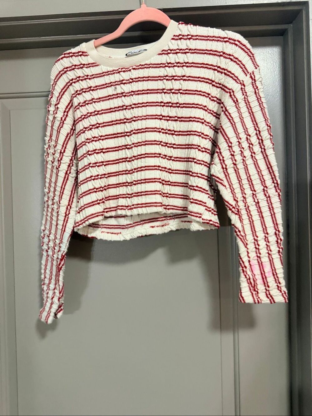 Zara Womens Size S Red White Striped Knit Long Sleeve Crewneck Sweater Top